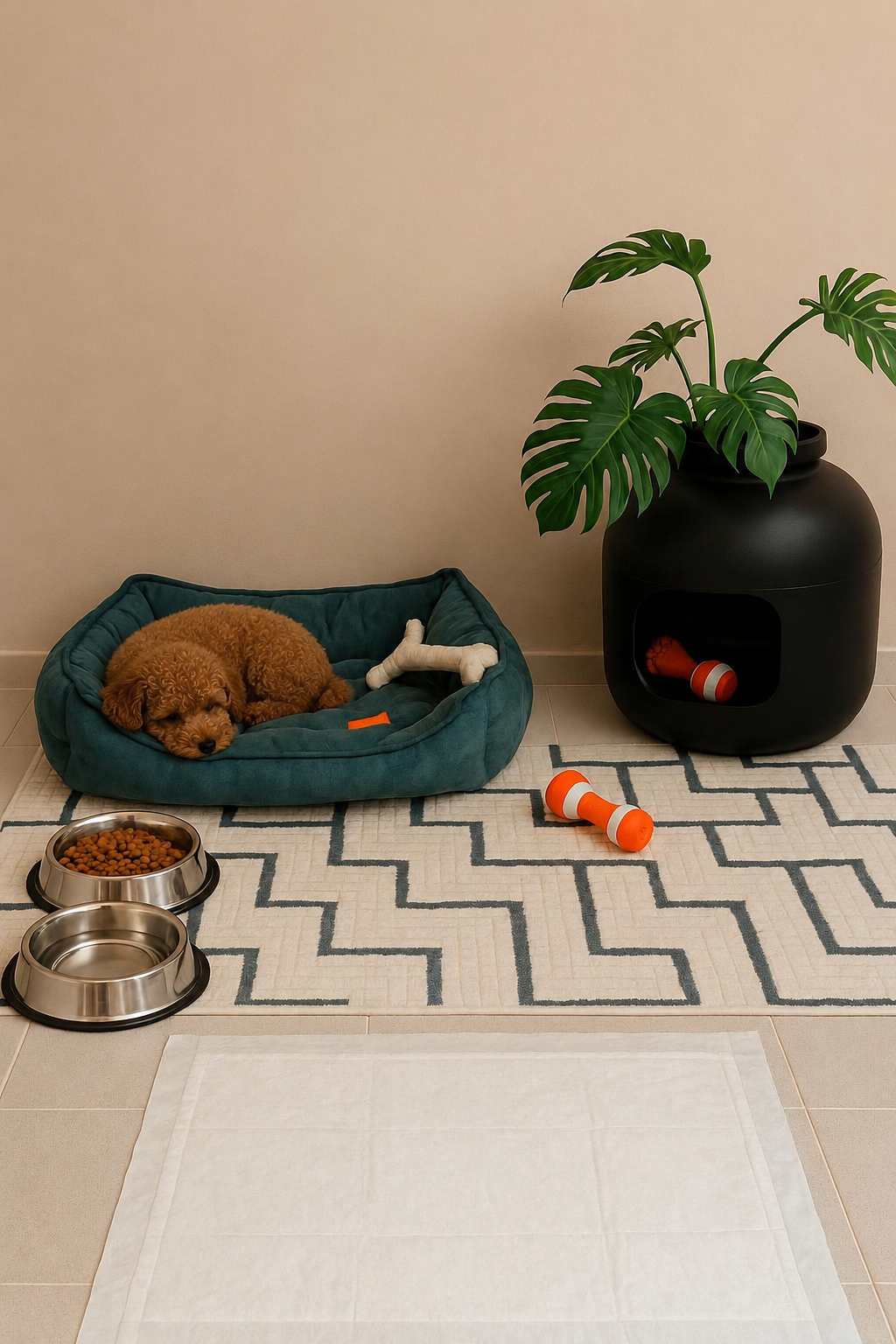 Köpek rahat yatakta uyuyor, temiz aydınlık oda